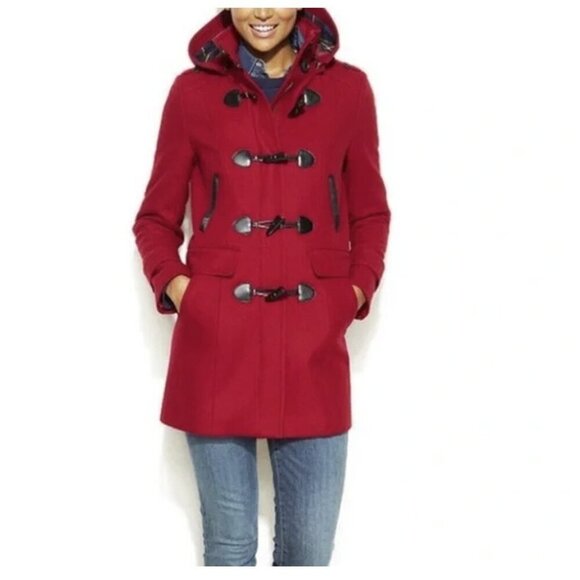 Tommy Hilfiger Hooded Duffel Red Toggle Walking Coat - Picture 4 of 14